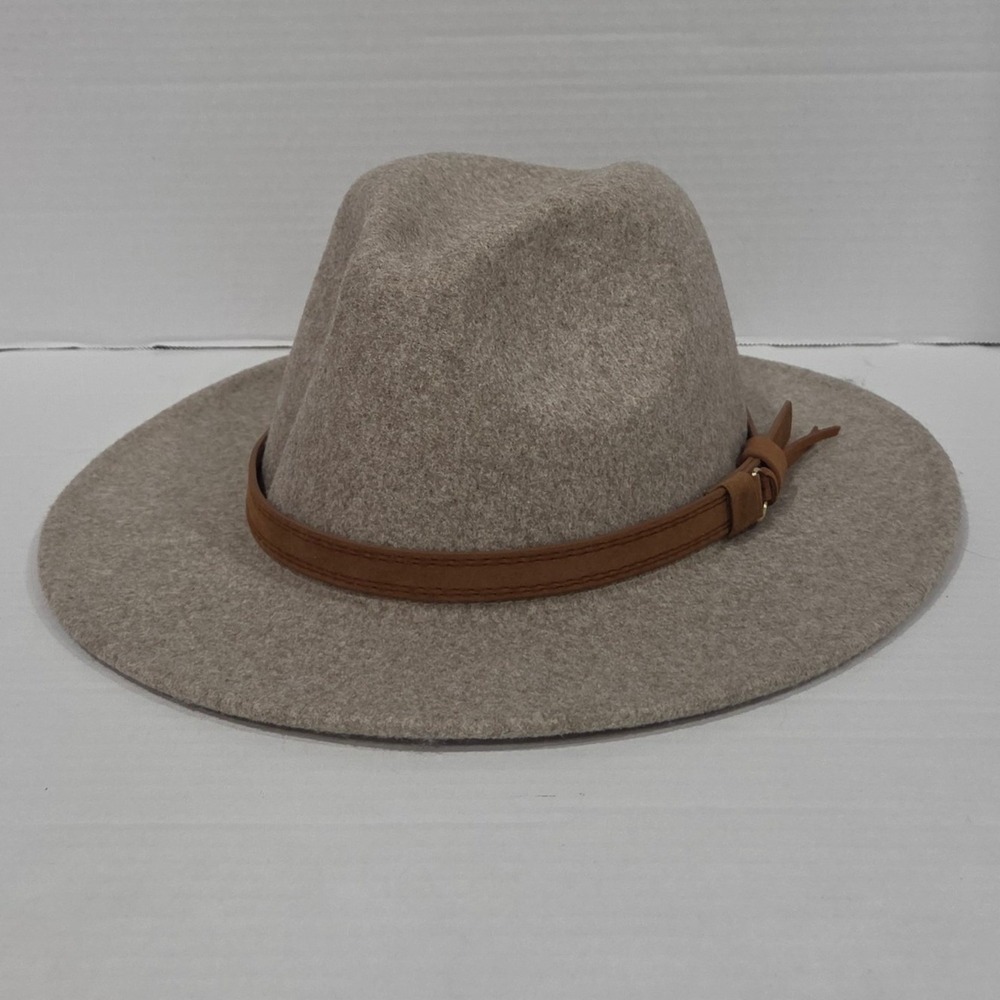 Wool Blend Wide Brim Fedora Hat Oatmeal Beige with Brown Faux Leather Band